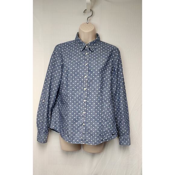 Talbots Chambray Shirt Blue White Polka Dots Roll Tab Long Sleeve Button Up 10 - Picture 2 of 9